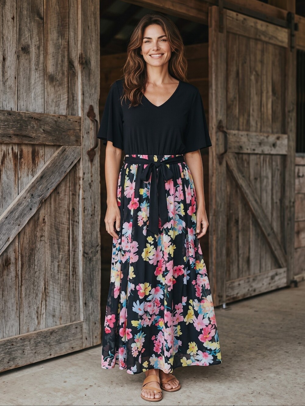 Cato Black Maxi Dress with Pink Floral Skirt